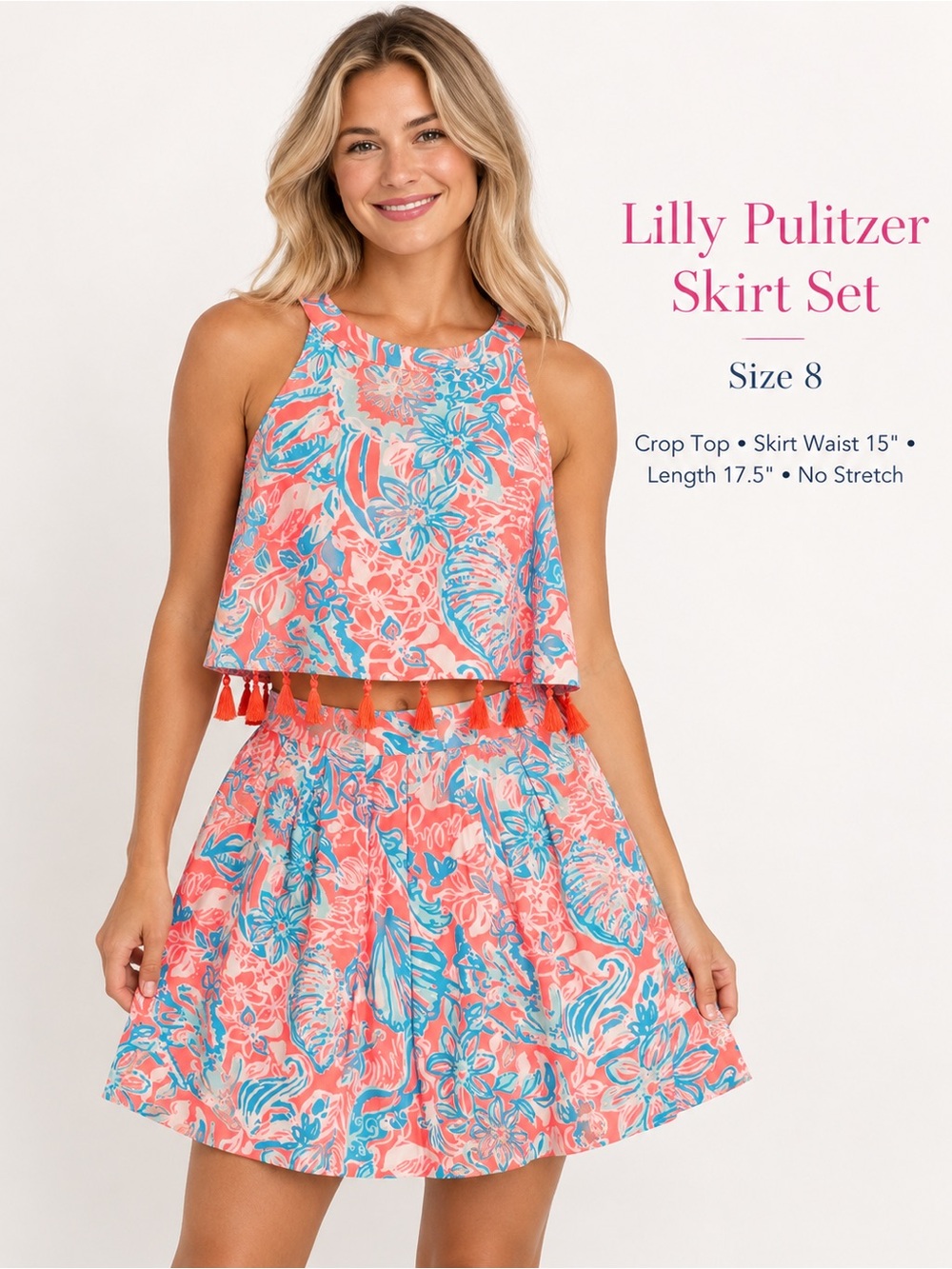 Lilly Pulitzer Coral & Turquoise Tassel Skirt Set SIZE 8 waist 30” length 18”